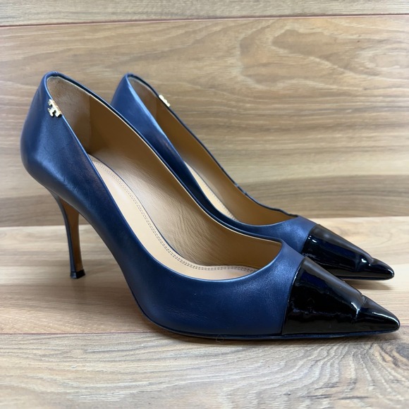 Tory Burch Shoes - Tory Burch Penelope Cap Toe Heels 10 M Navy Blue Black Cap Toe